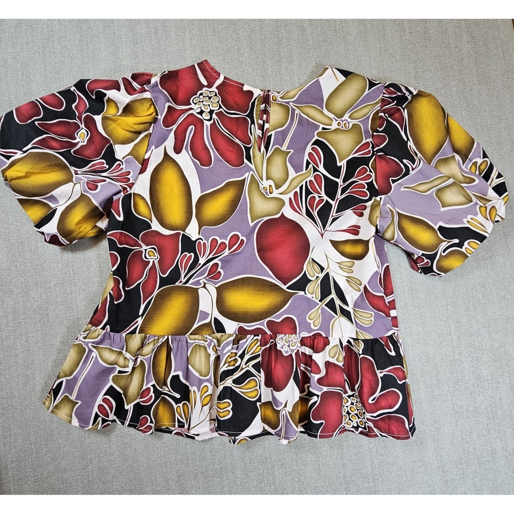 Melloday‎ Blouse Women's Medium Multicolor Floral Puff Sleeve Tie Front NWT